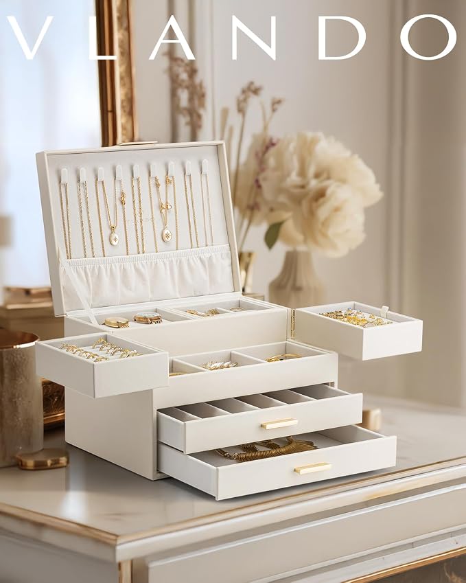 VLANDO 4 Layers Jewelry Box - Women Jewelry Box with Retractable Tray - Jewelry Organizer with Drawer for Necklaces, Rings, Bracelets, Earrings, Valentines Gift for Mom Girls - Cloud White
