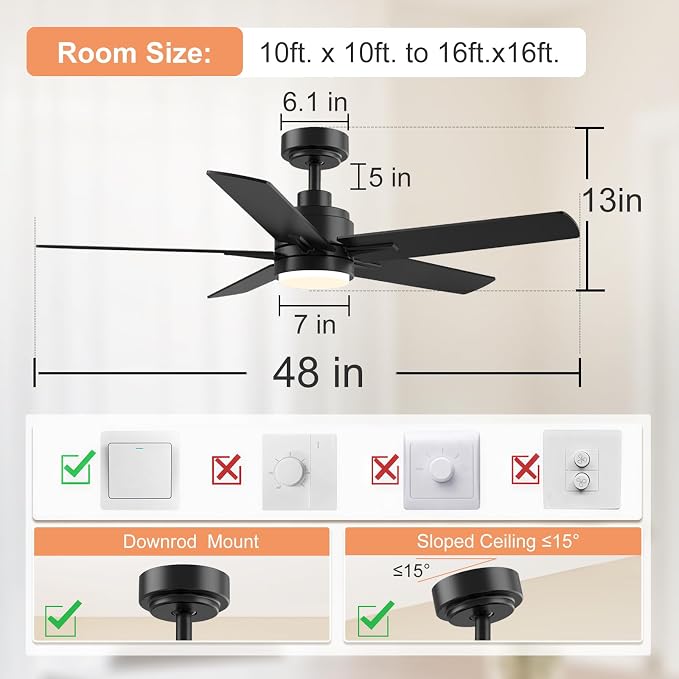 YUHAO 48 Inch Black Ceiling Fan with Light and Remote Control.Noiseless,Dimmable, 3CCT,6 Speeds Reversible, Modern DC Ceiling Fans for Indoor or Covered Outdoor Use,ETL Listed