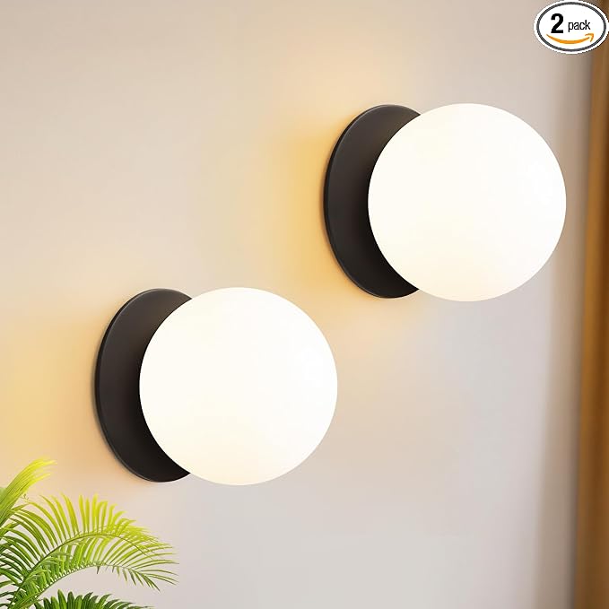 2 Pack Modern Matte Black Wall Light Fixtures, Mid-Century Globe Glass Wall Sconces Set of Two for Bathroom Mirror, Living Room, Hallway, Entryway (Bulbs Not Included)