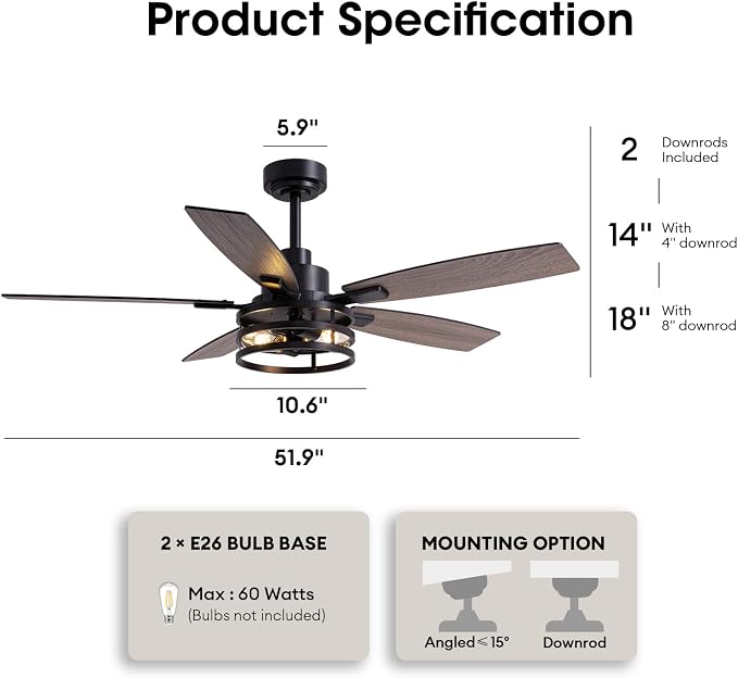 Ceiling Fans with Lights and Remote Control, Ceiling Fan for Bedroom Living Room (52 Inch Black-2)