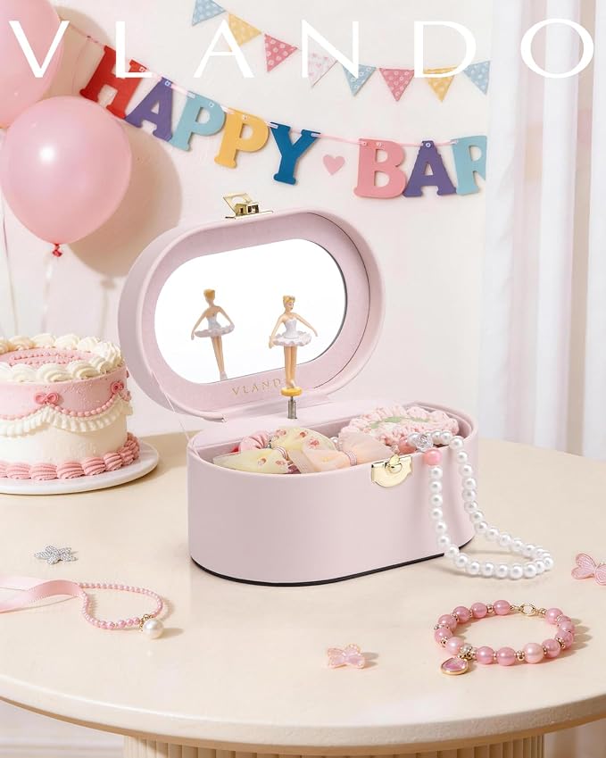 VLANDO Musical Jewelry Box for Girls - Kid Music Box with Ballerina for Birthday Bedroom Decor - Birthday Gift for Girls Ages 4 5 6 7 8-12 Year Old - Pink