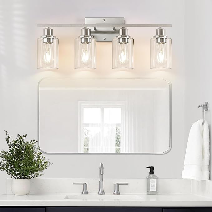 Indoi 4-Light Bathroom Light Fixtures, Brushed Nickel Modern Vanity Lights with Clear Glass Shades, Bathroom Wall Lamp for Mirror Living Room Cabinet Bedroom Porch