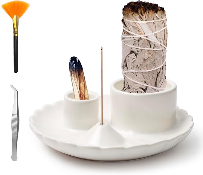 4 in 1 Incense Holder, Palo Santo Holder for Burning Sage, Sticks & Candle, Ceramic Incense Burner， 5.3" Ceramic Ash Catcher Tray for Meditation Room Home Decor