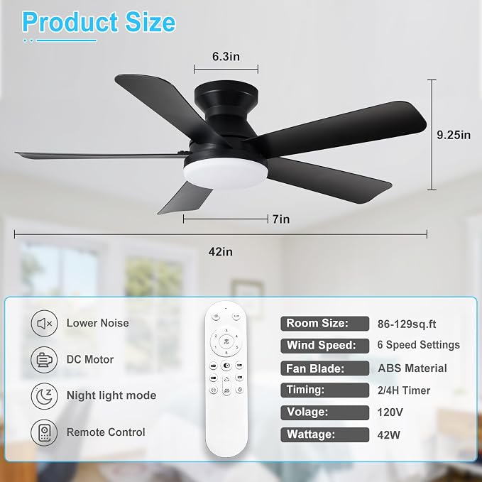 Depuley Ceiling Fan with RGB Light: 42-Inch Black Small Fans for Bedroom Indoor Outdoor - Dimmable Low Profile Ceiling Fans with Remote Control Flush Mount 5 Reversible Black Blades 6 Speeds Timer