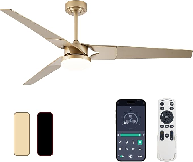 Ceiling Fan with Lights and Remote, 3 Blade App Control Timer Reversible Stepless Brightness and Color Temperature Outdoor Wood Ceiling Fan with Lights (Gold, 60 I)