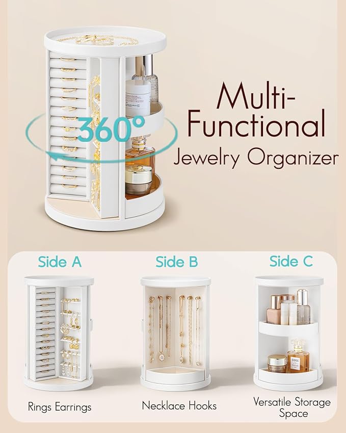 VLANDO 360°Rotating Jewelry Box,Earring Organizer Large Vertical Jewelry Organizer with 6 Necklace Hooks, Open Ring Display Storage for Women -White