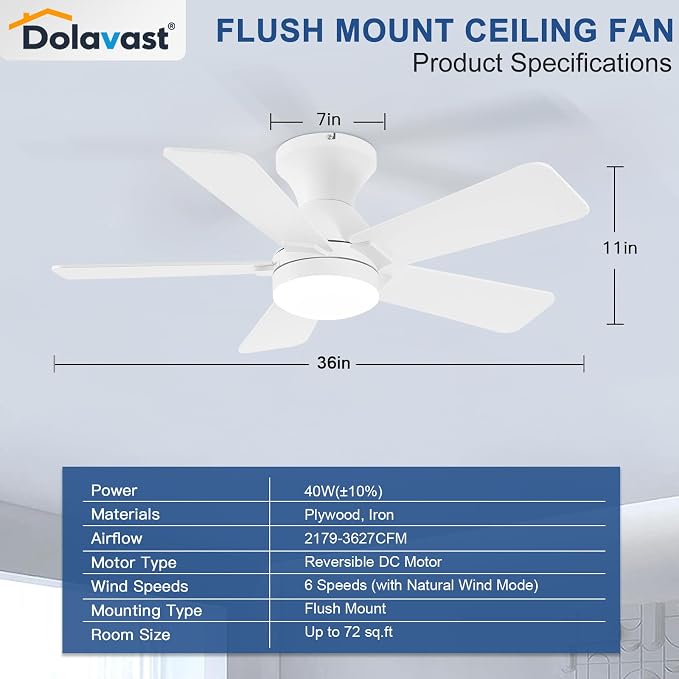 Ceiling Fans with Lights, 36 Inch Low Profile Ceiling Fan with Light and Remote Control, Flush Mount, Reversible, 3CCT, Dimmable LED, Quiet, White Ceiling Fan for Bedroom, Kitchen, Office