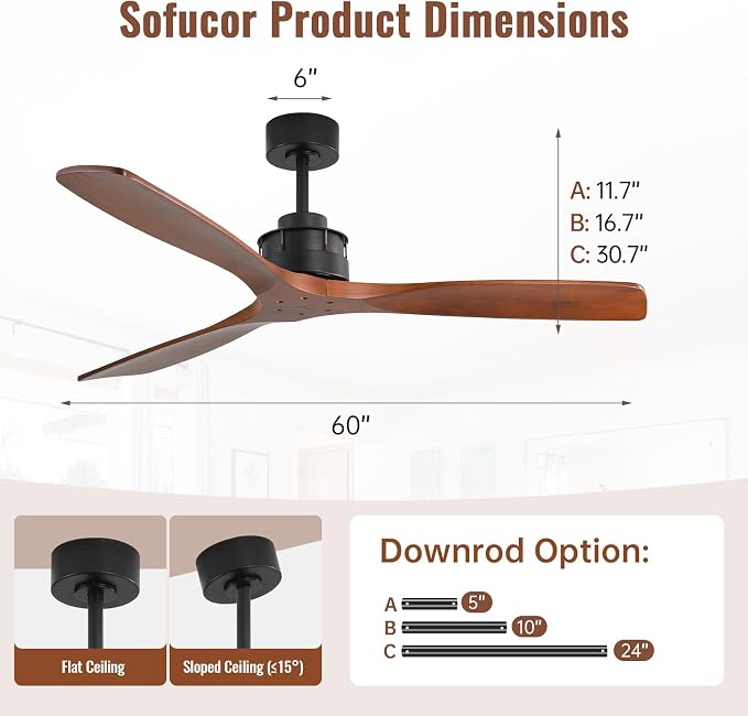 Sofucor 60 Inch Ceiling Fan No Light, Indoor/Outdoor Ceiling Fans Without Lights Remote Control, Reversible DC Motor, 6 Speed, Timer, 3 Blade Solid Wood Ceiling Fans for Bedroom Patio Farmhouse