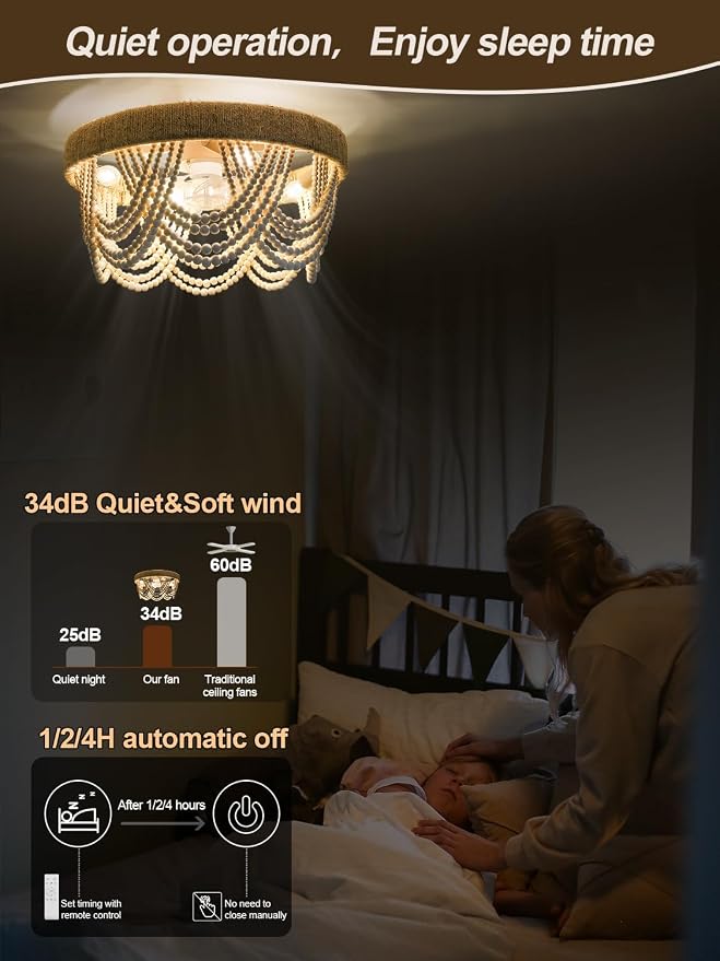 20" Boho Ceiling Fan with Light, Coastal Flush Mount Fandelier Ceiling Fans with Lights and Remote Control,Enclosed Beaded Caged with 6 Speeds for Bedroom Nursery Living Room