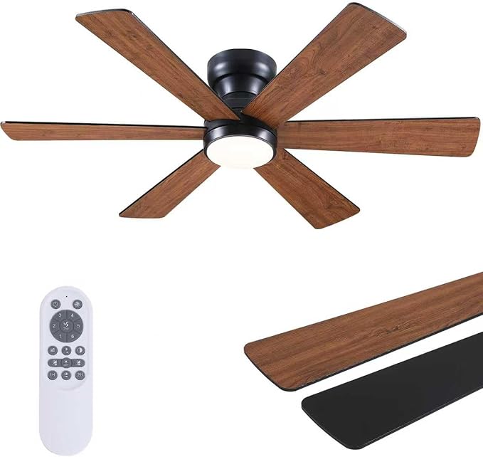 Asyko 46"Brown 6-Blade Modern Low Profile Ceiling Fan with Light and Remote | 6 Double-Sided Blades,6 Wind Speeds, Reversible,Dimmable 3 CCT LED Light, 25W Quiet DC Motor,1/2H Timer,for Bedroom Kitchen