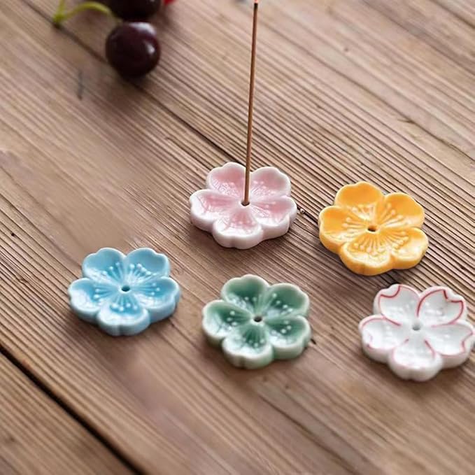 Set of 5, Japanese Mini Cherry Blossom Ceramic Incense Stick Holder or Incense Burner Holder, Handmade Cute Multicolour Unique Ash Catcher Inscent Tray and Decorative Gift, Home Decor, 1.7 inches