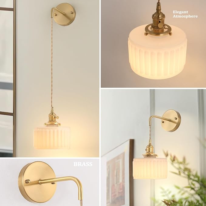 Shenmoyl Battery Operated Wall Sconce with White Striped Shade Pattern Glass Adjustable Chain Retro Wall Mounted Light, Modern Wall Lamp Fixtures Decor for Bedside Bedroom Indoor Doorway，Set of 2