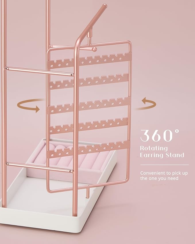 ProCase Jewelry Stand Holder Organizer and Storage, Rosegold (No-Assembly) | Rotating Earring Bracelet Holder Storage, Hanging Jewelry Display Velvet Ring Tray, Teen Girls Birthday Gifts Room Dorm Decor