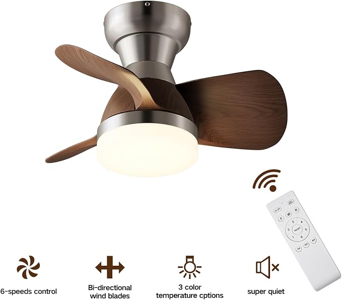 20 Inch Ceiling Fan with Light，3 Blades，Silver with Light with Remote Control Small Ceiling Fan ， Suitable for Living Room, Dining Room，Bedroom