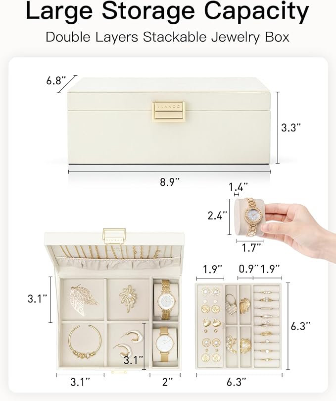 VLANDO Jewelry Organizer,2 Layer Jewelry Box Large Jewelry Organizer for Mothers Day Mom Gifts Women Removable Jewelery Tray with Watch Pillow for Necklace Earrings Rings Bracelets(Cream White)