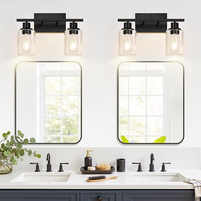 Indoi 2-Light Bathroom Light Fixtures, Matte Black Modern Vanity Lights with Clear Glass Shades, Bathroom Wall Lamp for Mirror Living Room Cabinet Bedroom Porch
