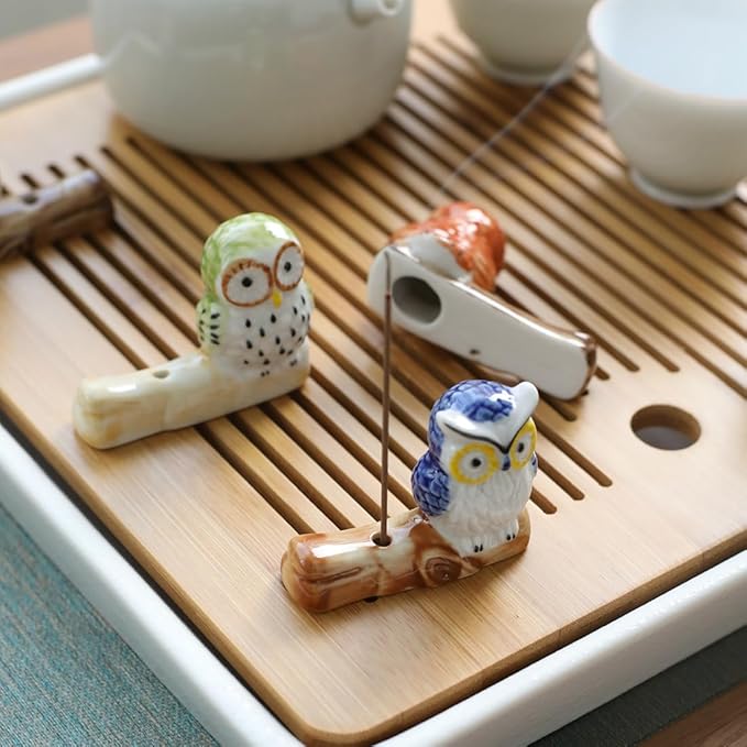 Set of 3, Japanese Handmade Mini Cute Owl Ceramic Incense Stick Holder, Adorable Animal Theme Inscent Tray for Home Decor Yoga Spa Meditation, 2 inches