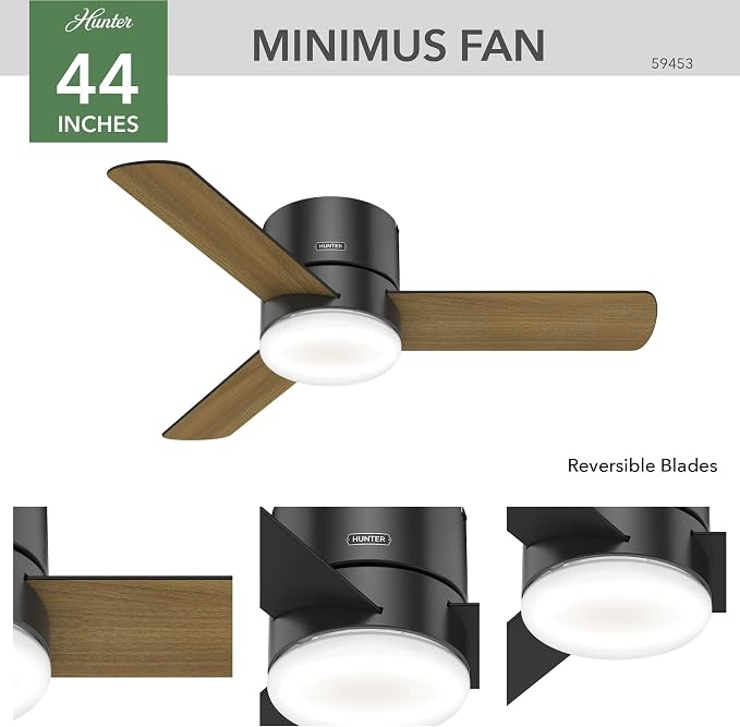 Hunter Minimus, Indoor, Ceiling Fan, with LED Light, 44 inch, Matte Black
