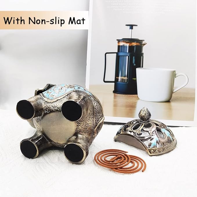 Hourwof Metal Elephant Incense Holder,Vintage Cone Coil Incense Burner with Lid,Ash Catcher,Aromatherapy Ornament Home Office Decor (Light Blue)