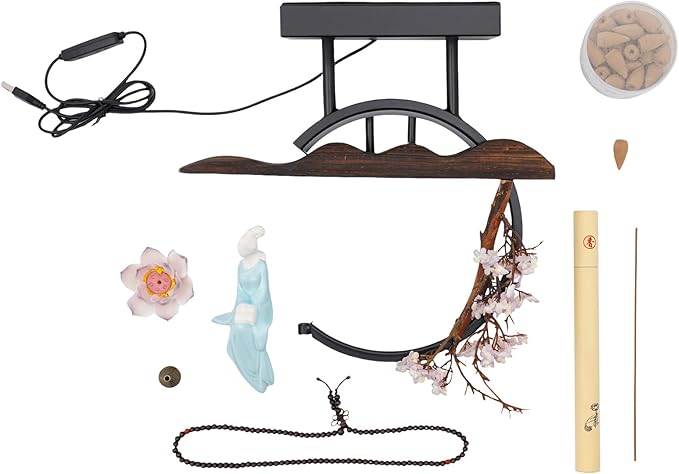 TFCFL Backflow Incense Holder with LED Light Ring, Chinese Style Handmade Flower Censer Incense Cone Sticks Burner Home Decor Aromatherapy Ornament Incense Holders + Cone