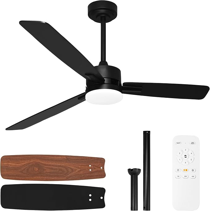 hykolity 52 Inch Modern Black LED Ceiling Fan with Light and Remote Control | 3CCT Dimmable LED Light, Quiet Reversible DC Motor, 6-Speed, Downrod Included, 3 Blade Ceiling Fans for Bedroom Living Room