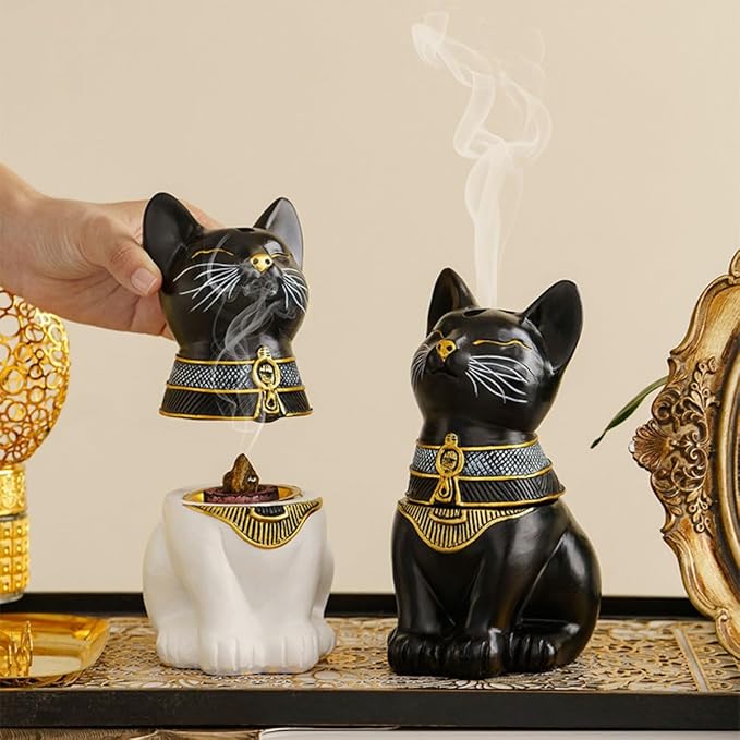 Egyptian Cat Statue Incense Burner, Vintage Resin Meditating Cat Incense Cone Holder, Home Office Aromatherapy Decor for Zen Yoga Spa (Black)