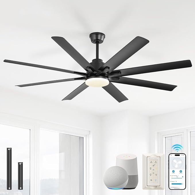 Sofucor 52 Inch Ceiling Fans with Lights, Smart Indoor/Outdoor Ceiling Fan With Remote, Work with Alexa/Google, Quiet Reversible DC Motor, 6-Speed, 8 Blade Black Ceiling Fans for Patio Bedroom Garage