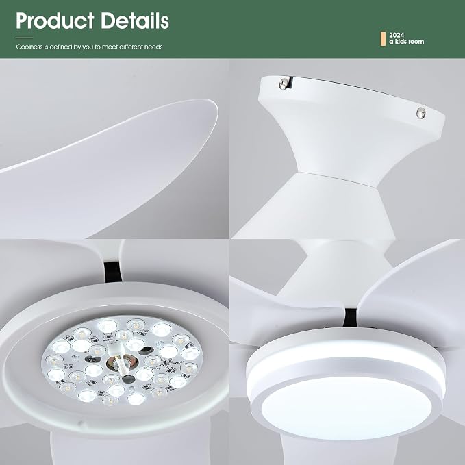 Kviflon 46 inch Ceiling Fans with Lights and Remote/APP Control, Modern Flush Mount Ceiling Fans with 5 Reversible Blades 6 Speeds, 3 CCT Dimmable+Ring Lights for Bedroom Kids Room, White
