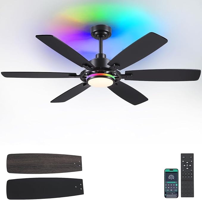 SHIHOT 54" Modern 6-Blade Black RGB Ceiling Fans with Lights and Remote | 14 RGB Modes ,6 Wind Speeds, Reversible, Dimmable 3 CCT LED, 30W Quiet DC Motor,6 Double-Sided Blades,for Bedroom Kidsroom