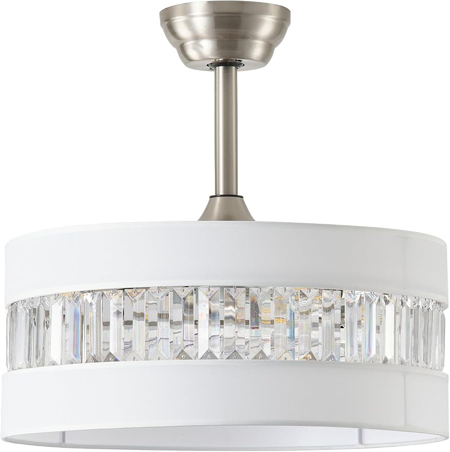 Silver and White Crystal Fandelier Ceiling Fans with Lights, 20" Farmhouse Rustic Ceiling Fan with Light Remote Control, Caged Mid-Century with 6 Speeds for Bedroom, Nursery, Living Room