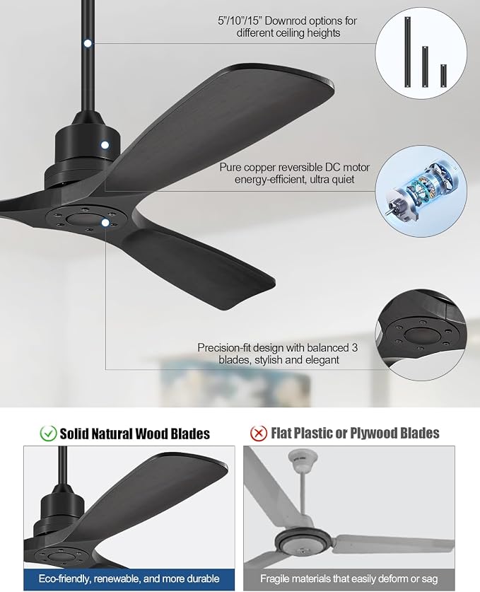 Ceiling Fans With Remote Control, Outdoor Ceiling Fan for Patios Indoor, 3 Downrods, 3 Blades, Timer, 6 Speed Reversible Quiet DC Motor Modern Fan Solid Wood Fan,52in, Matte Black