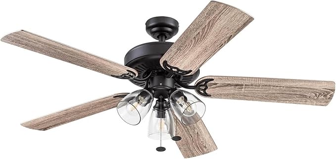 Prominence Home Saybrook 52 Inch Farmhouse LED Indoor Ceiling Fan with Light, Pull Chain Control, 5 Dual Finish Blades, Reversible Motor, Bronze