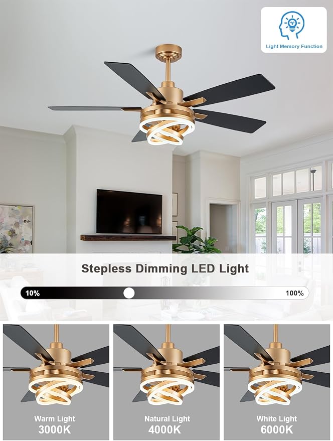 Bella Depot 52 Inch Gold Ceiling Fan Modern Chandelier Ceiling Fan with Dimmable Light, 6-Speed, Reversible, Timing Option - Ideal for Bedroom Living Room