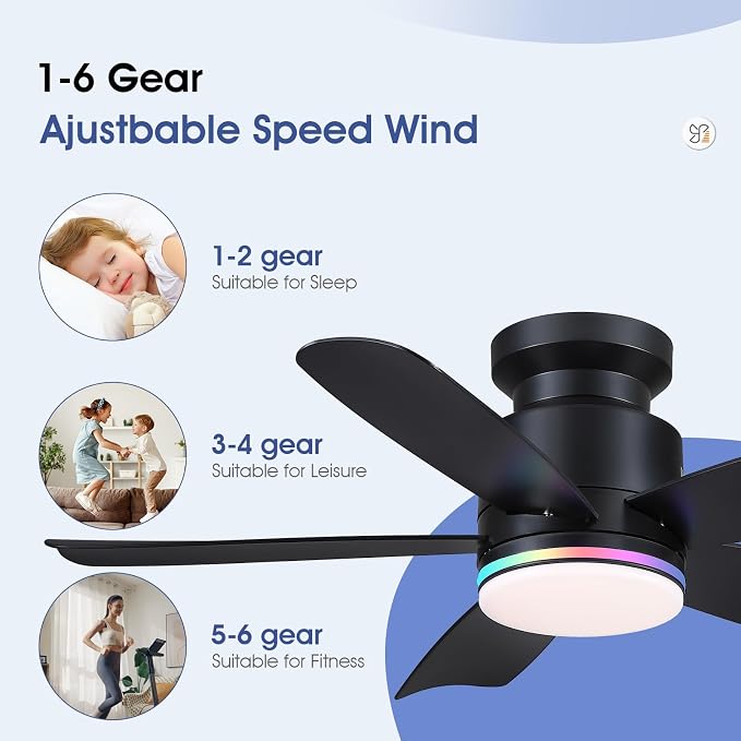 Wiviniya 41 Inch Black Flush Mount Ceiling Fans with RGB Lights, 5 Reversible Blades, 6-Speed 2H Timer, RGB & 3 CCT Dimmable, Remote & APP Control for Bedroom Living Room