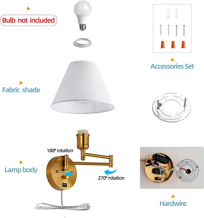 Swing Arm Wall Sconces, Plug-in Wall lamp,Bedroom Wall lamp ， White Fabric Shade，，with dimmable Switch and USB Charging Port, Suitable for Bedside, Living Room, Reading (Golden)