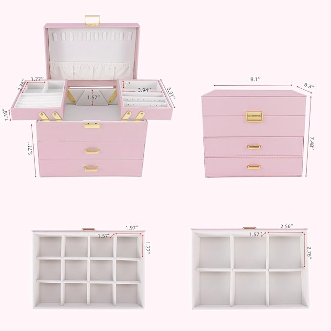 Dajasan Jewelry Organizer Box, Large Jewelry Boxes for Girls, Space-Saving 4 Layers Jewelry Storage Case with Drawer, Gift for Women, Movable Metal Stand, Modern (Pink+ Gold)