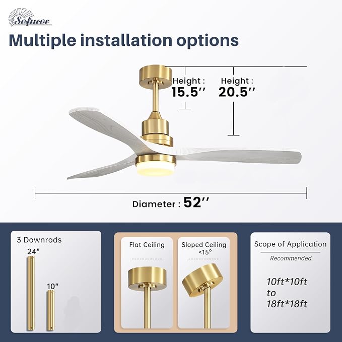 Sofucor Ceiling Fans with Lights and Remote, 52 Inch Low Profile Indoor/Outdoor Ceiling Fan with Light, Reversible DC Motor, 6 Speeds, Solid Wood 3 Blades Ceiling Fans for Bedroom Living Room Patio
