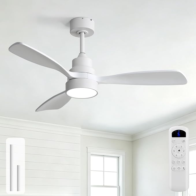 Sofucor 48 Inch Ceiling Fan with Lights and Remote Control, White | Flush&Downrod Mount, Solid Wood Blade,1/4/8 H Timer, 3CCT Dimmable 6 Speed, Quiet DC Motor, Outdoor Bedroom/Living Room/Patio