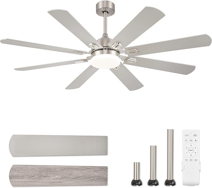 Fanbulous 62 Inch Ceiling Fans with Lights,Nickel Modern Ceiling Fan with Remote Large Farmhouse Indoor & Outdoor Ceiling Fan with 8 Dual Finish Blades, Quiet DC Motor, Bright LED Light