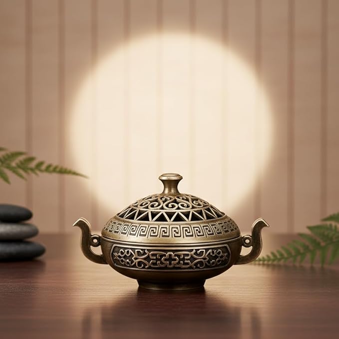 Nepalese-Style Bronze Incense Burner Stand with Geometric Patterns, All-Holiday Compatible Metal Holder for Meditation, Room Decor and Aromatherapy, Cultural Home Accessory