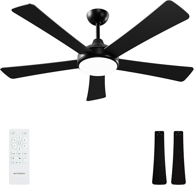 Black Ceiling Fans with Lights and Remote - 52 Inch Ceiling Fan with Light, Quiet Reversible DC Motor, Dimmable Tri-Color LED, 5 Blades Indoor/Outdoor Ceiling Fans for Patios Bedroom,