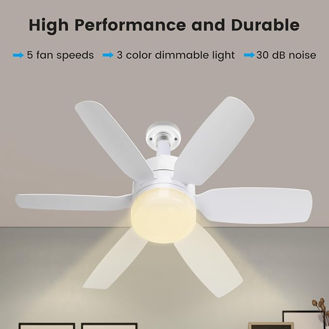 Fanspex 20.5'' Socket Ceiling Fan Light for Home Living Room Bedroom Garage | 5 Fan Speeds with 3 Colors Adjustable Light, 8 Hours Timer, White