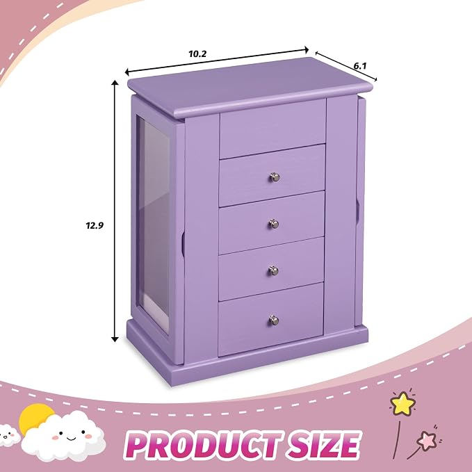 Emfogo Jewelry Box for Girls, Musical Jewelry Box with Spinning Dancer Gifts for Little Girls Christmas New Year Birthday Children's Day, 5 Layer Large Wooden Kids Music Jewelry Organizer Box(Purple)