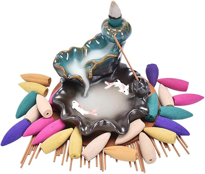 Ceramic Waterfall Backflow Incense Burner Holder, Home Aromatherapy Decoration Ornament with 30 Backflow Incense Cones and 50 Incense Sticks