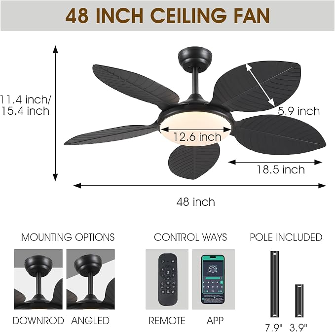 Wiviniya 48 Inch Tropical Ceiling Fans with Lights, Palm Leaf Outdoor Ceiling Fan with Light for Patios Porch Bedroom Living Room, Remote/APP Control, Reversible Quiet DC Motor, Dimmable LED, Black