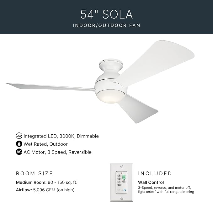 Kichler 330152MWH 54 Inch Sola Ceiling Fan LED, 3 Speed Wall Control Full Function, Matte White Finish with Matte White Blades