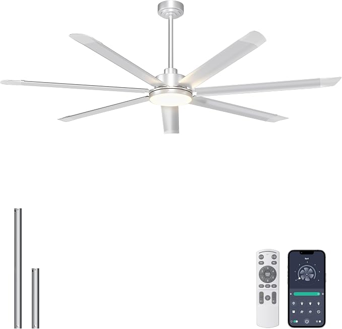 Ohniyou 72'' Industrial Ceiling Fan with Light for Patio, Garage, Silver | 8000 CFM Airflow, 35dB DC Motor, 7 Aluminum Blades, 3CCT Dimming, Remote/APP Control, Covered Outdoor Metal Fan
