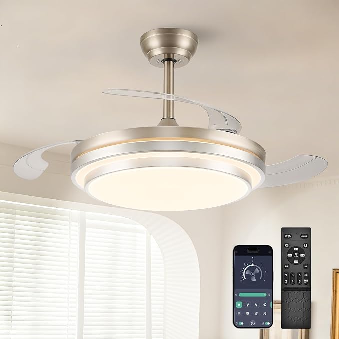 48 Inch Fandelier Ceiling Fan with Light,Modern Retractable Ceiling Fan with Lights and Remote/APP;6Speed,Silent Reversible Motor,Timer,Chandelier Fan for Bedroom/Living Room(Brushed Nickel)