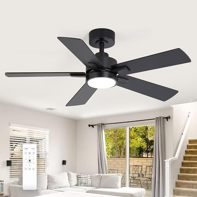 Ceiling Fans with LED Lights, 42 Inch 5-Blade Black Ceiling Fan Remote Control, Modern Ceiling Fan with Reversible DC Motor, Downrod Mount LED Ceiling Fan Light for Living Room Bedroom