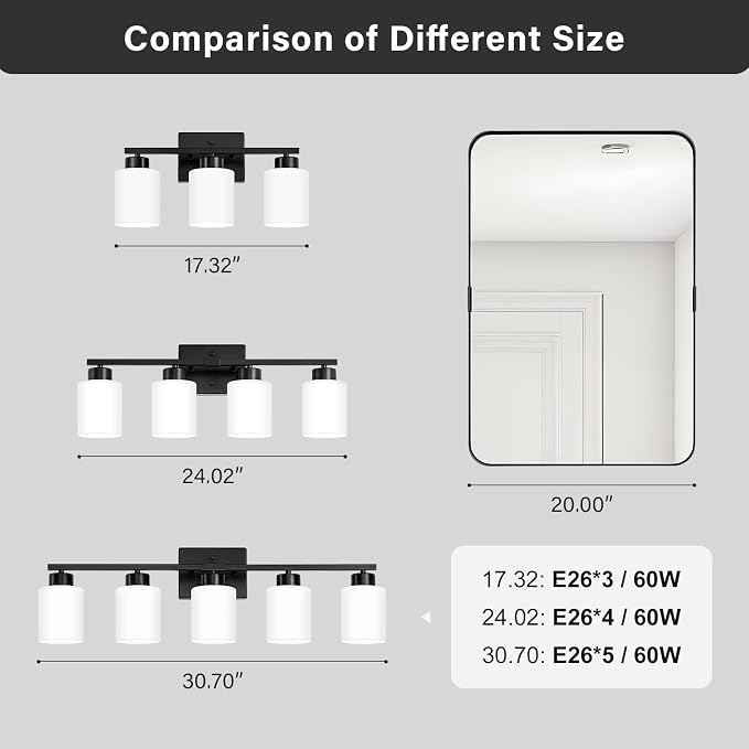 FonmYim Black Bathroom Light Fixtures, 3-Light Modern Vanity Light Over Mirror, Wall Sconces with Milky White Frosted Glass Shades, E26 Socket (Bulbs Not Included)